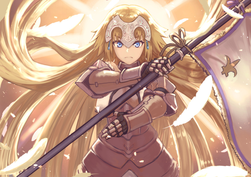 1girl armor backlighting banner blonde_hair blue_eyes breast_curtains breasts commentary_request cowboy_shot fate/apocrypha fate/grand_order fate_(series) feathers full_armor gauntlets headpiece highres holding janoukyo19 jeanne_d'arc_(fate) jeanne_d'arc_(fate)_(all) long_hair looking_at_viewer medium_breasts ribbon serious solo straight_hair sunlight v-shaped_eyebrows very_long_hair yellow_ribbon