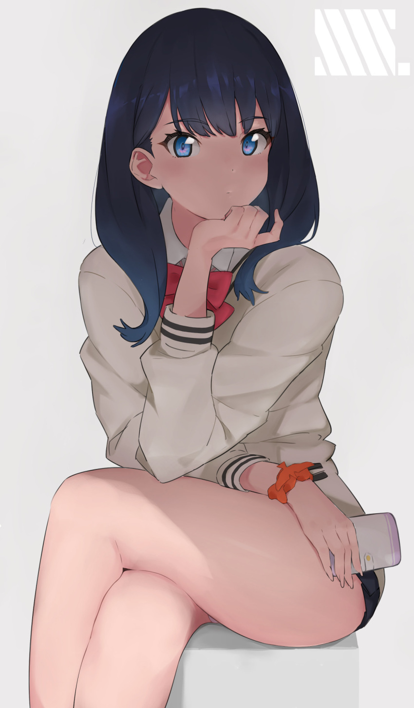 1girl absurdres blue_eyes blue_hair bow cardigan hand_on_own_chin highres looking_at_viewer skirt ssss.gridman takarada_rikka takita_(takita3411) thighs