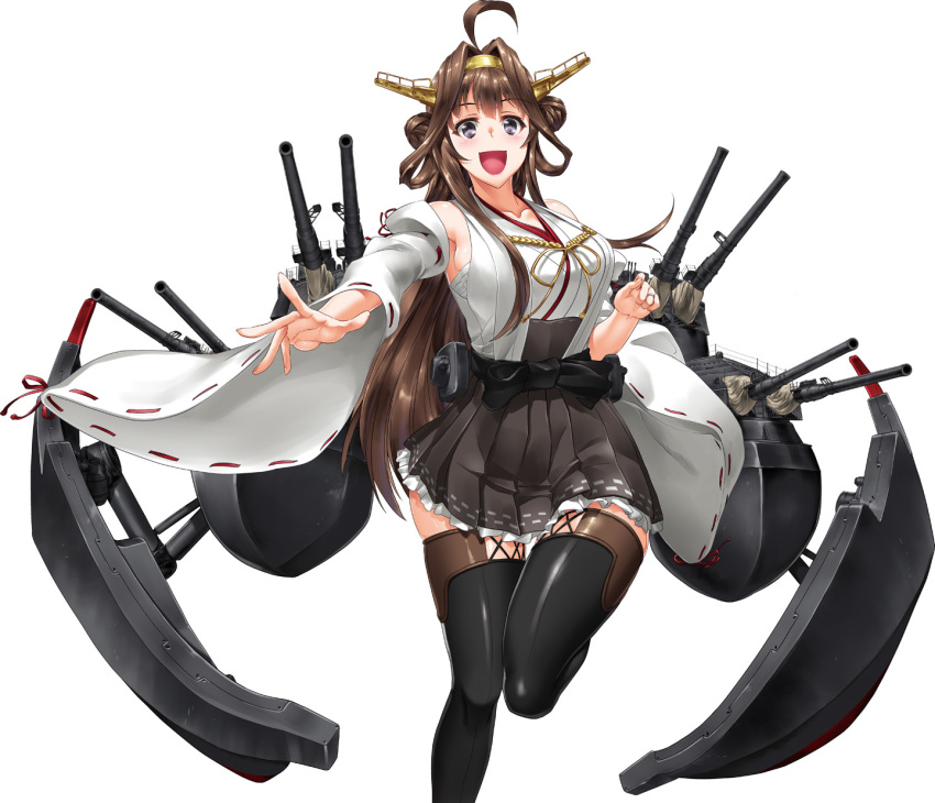1girl aa_gun ahoge bandages boots breasts brown_hair byeontae_jagga cannon collarbone detached_sleeves double_bun eyebrows_visible_through_hair graphite_(medium) grey_eyes hairband headgear high_heels highres japanese_clothes kantai_collection kongou_(kantai_collection) long_hair machinery mechanical_pencil medium_breasts nontraditional_miko pencil pleated_skirt remodel_(kantai_collection) ribbon-trimmed_sleeves ribbon_trim rigging sarashi simple_background skirt solo thigh-highs thigh_boots traditional_media turret white_background