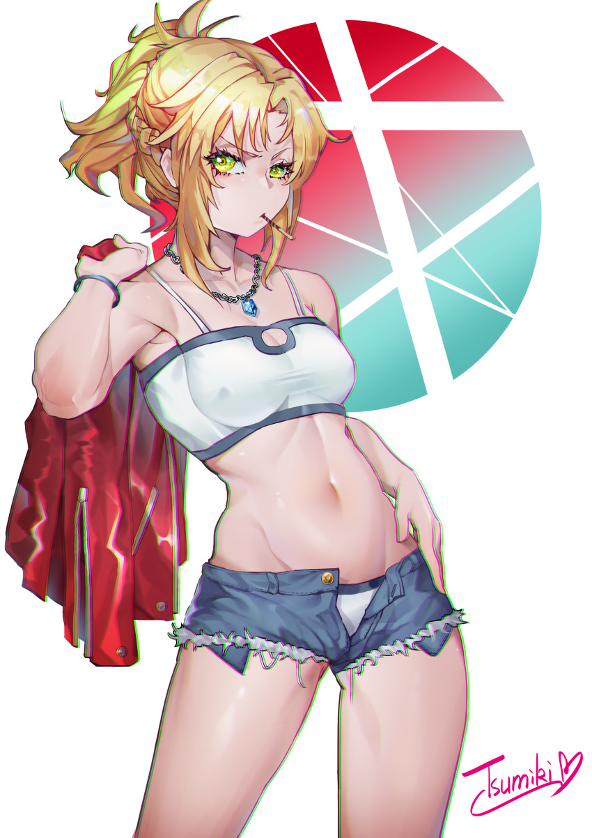 1girl absurdres artist_request bandeau bangs bare_shoulders blue_shorts braid breasts collarbone cutoffs denim denim_shorts fate/apocrypha fate_(series) food french_braid green_eyes highres jacket jacket_removed jewelry long_hair looking_at_viewer medium_breasts mordred_(fate) mordred_(fate)_(all) mouth_hold navel necklace open_fly parted_bangs pendant pocky ponytail red_jacket short_shorts shorts sidelocks thighs