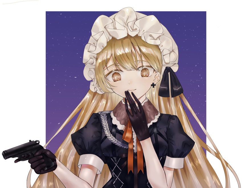 1girl absurdres anyuykwmyu black_dress black_gloves collar cross cross_earrings dress earrings frilled_hairband frills girls_frontline gloves gun hairband handgun highres jewelry light_brown_eyes light_brown_hair long_hair ppk_(girls_frontline) puffy_sleeves ribbon smile solo trigger_discipline very_long_hair walther walther_ppk weapon