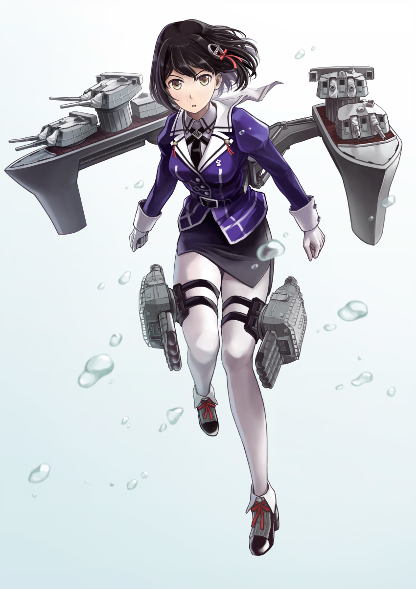 1girl absurdres black_hair black_skirt blue_jacket brown_eyes cannon full_body gloves haguro_(kantai_collection) hair_ornament highres jacket kantai_collection long_sleeves pantyhose pencil_skirt remodel_(kantai_collection) rigging short_hair skirt solo thigh_strap tomoyo_kai torpedo_launcher torpedo_tubes turret white_gloves white_legwear