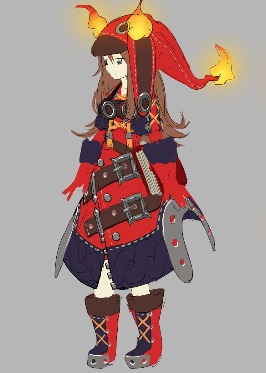 1girl absurdres black_eyes book brown_hair closed_mouth fire gloves goggles goggles_around_neck grey_background hair_between_eyes hat highres jacket long_hair neko_sheep original red_footwear red_gloves red_jacket redhead simple_background sketch solo witch zipper