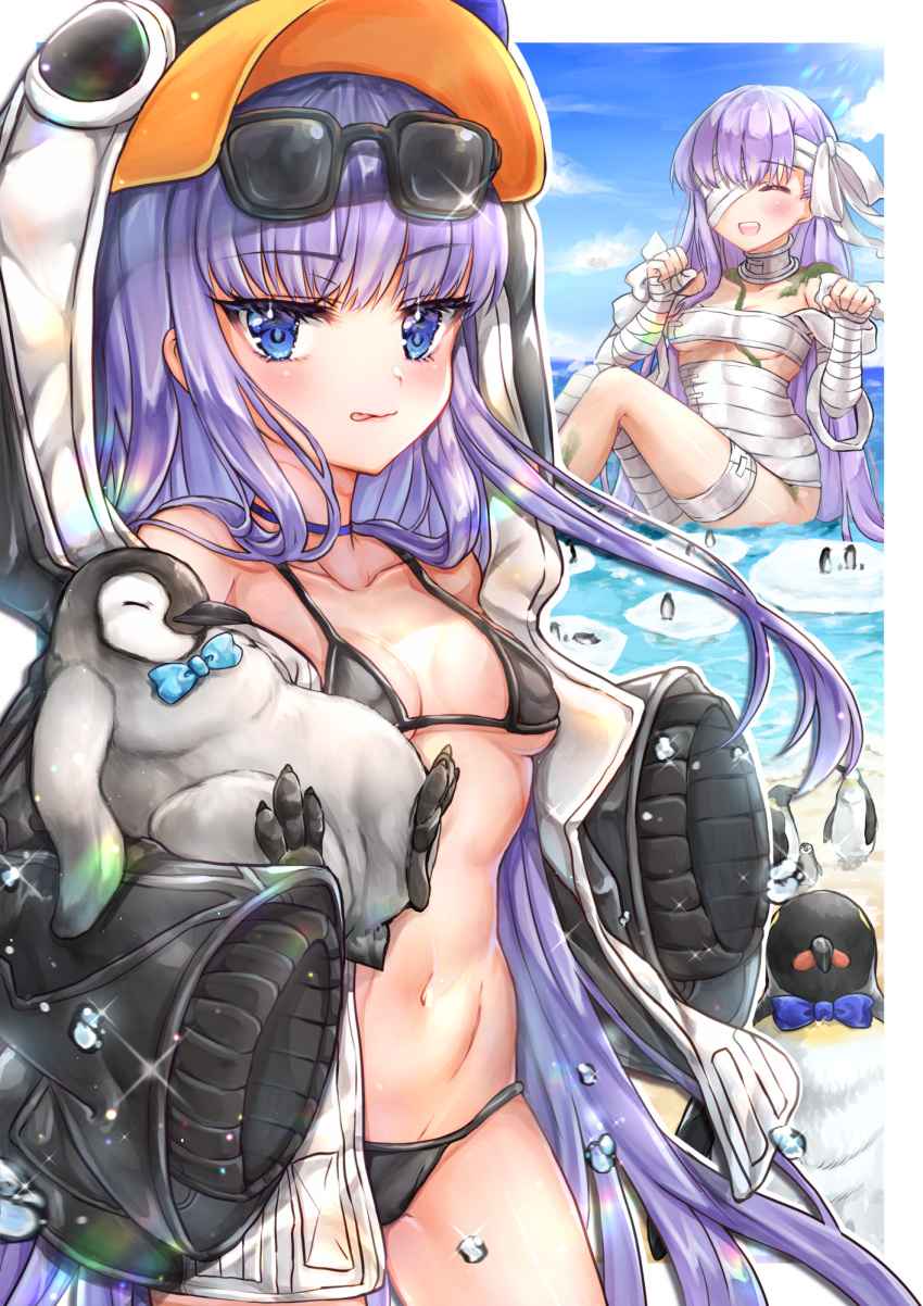 2girls animal_hood bandage_over_one_eye bandaged_arm bandaged_head bandaged_leg bandages bangs bare_shoulders bikini bird black_bikini black_jacket blue_bow blue_eyes blue_sky blush bow breasts choker closed_eyes collarbone fate/extra fate/extra_ccc fate/grand_order fate_(series) giantess highres hood hood_up jacket kingprotea long_hair long_sleeves looking_at_viewer meltryllis meltryllis_(swimsuit_lancer)_(fate) moss multiple_girls naked_bandage navel ocean penguin penguin_hood purple_hair sky sleeves_past_fingers sleeves_past_wrists small_breasts smile sunglasses swimsuit tamaso thighs tongue tongue_out very_long_hair water_drop
