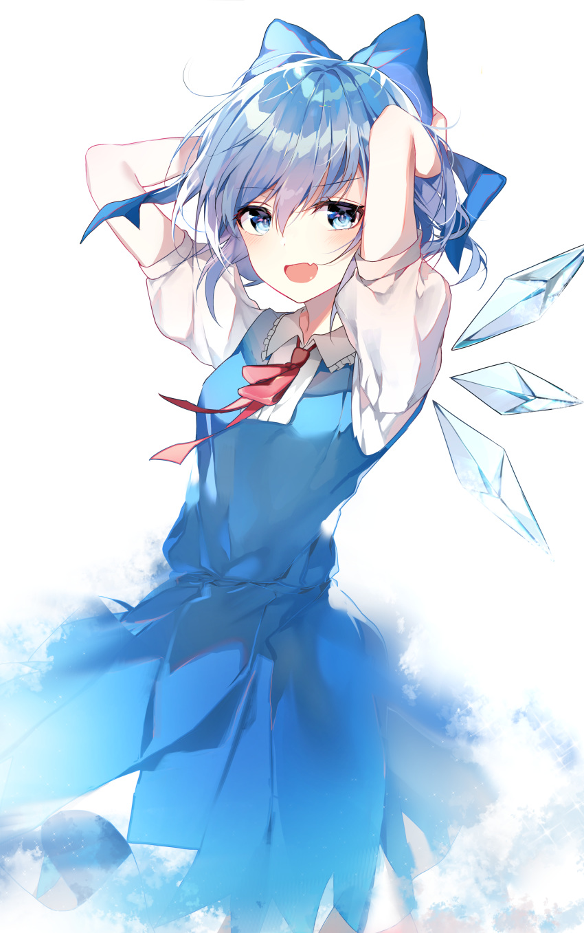 1girl absurdres arms_up bara0717 blue_bow blue_dress blue_eyes blue_hair bow cirno cowboy_shot dress hair_bow highres ice ice_wings looking_at_viewer open_mouth puffy_short_sleeves puffy_sleeves red_neckwear shirt short_hair short_sleeves simple_background smile solo standing touhou white_background white_shirt wings