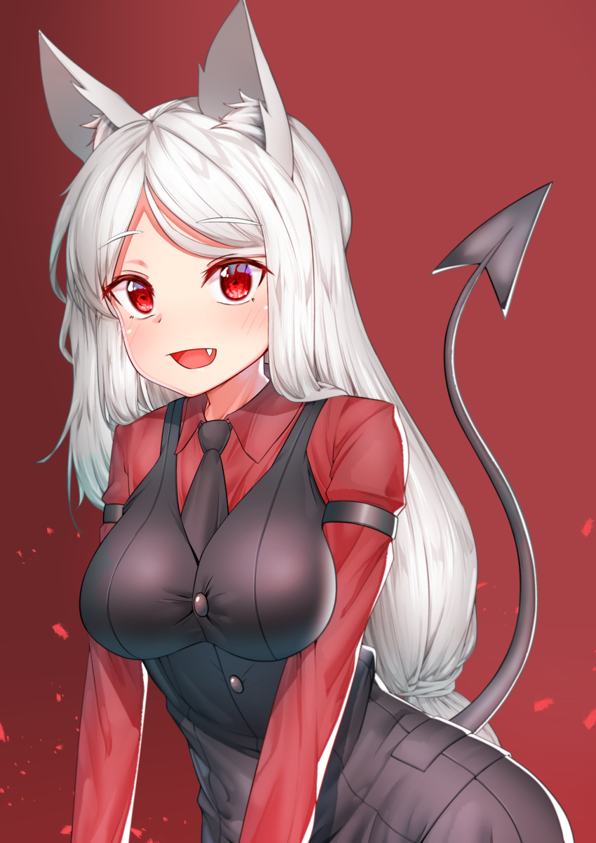 1girl :d animal_ear_fluff animal_ears bangs between_breasts black_vest blush breasts cerberus_(helltaker) collared_shirt commentary_request deaver demon_girl demon_tail dog_ears dog_girl eyebrows_visible_through_hair fang helltaker highres large_breasts long_hair long_sleeves looking_at_viewer necktie open_mouth pants parted_bangs red_background red_eyes red_shirt shirt silver_hair simple_background smile solo tail tail_raised very_long_hair vest white_hair