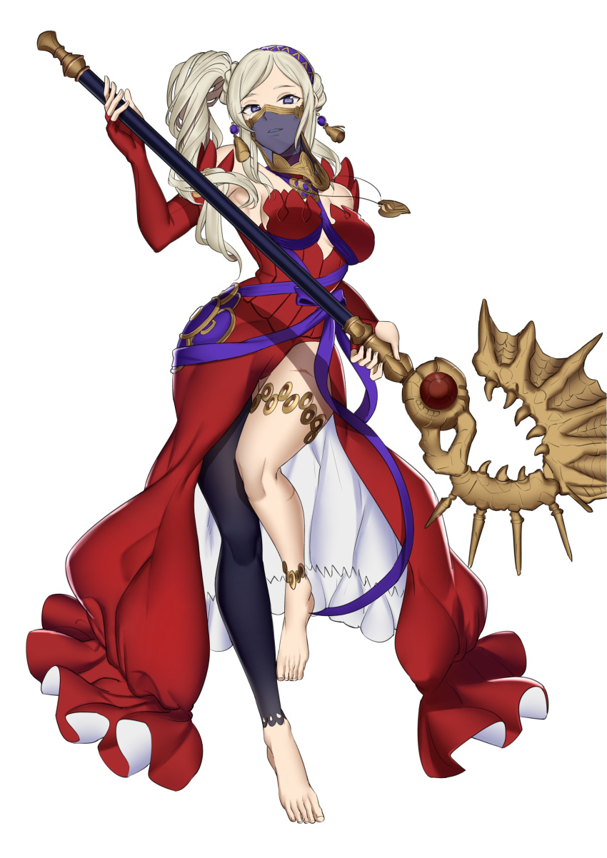 1girl absurdres anklet asymmetrical_legwear axe aymr_(weapon) azura_(fire_emblem) azura_(fire_emblem)_(cosplay) barefoot cosplay dress ebinku edelgard_von_hresvelg elbow_gloves fire_emblem fire_emblem:_three_houses fire_emblem_fates fire_emblem_heroes full_body gloves highres holding holding_axe jewelry long_hair necklace parted_lips pendant red_dress red_gloves side_ponytail simple_background solo veil violet_eyes white_background white_hair