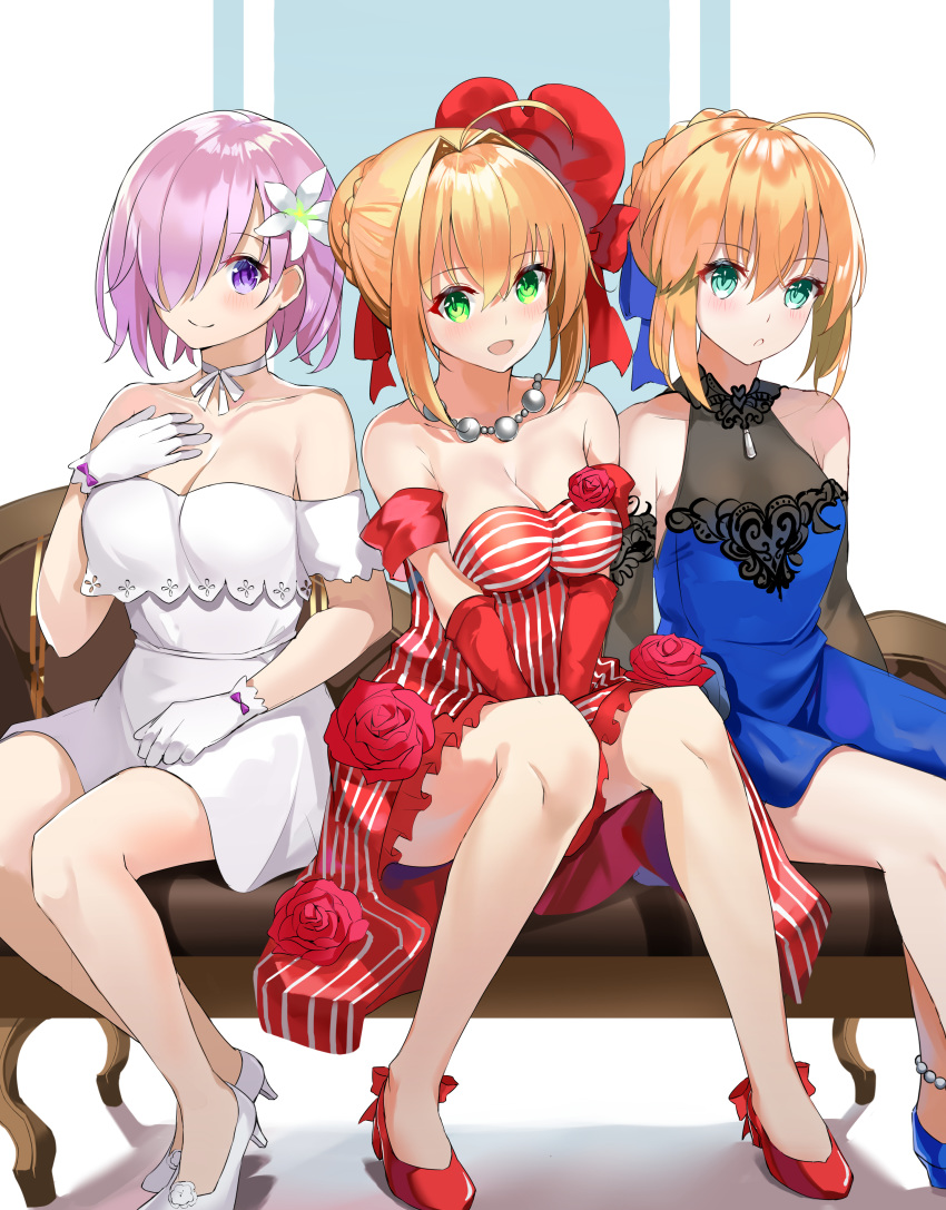 3girls absurdres ahoge aqua_eyes artoria_pendragon_(all) bangs bare_shoulders blonde_hair blue_dress blush braid breasts couch dress fate/extra fate/grand_order fate/stay_night fate_(series) french_braid green_eyes hair_between_eyes hair_over_one_eye high_heels highres large_breasts lavender_hair long_hair looking_at_viewer mash_kyrielight multiple_girls nero_claudius_(fate) nero_claudius_(fate)_(all) red_dress saber short_hair sitting small_breasts smile tsukise_miwa violet_eyes white_dress