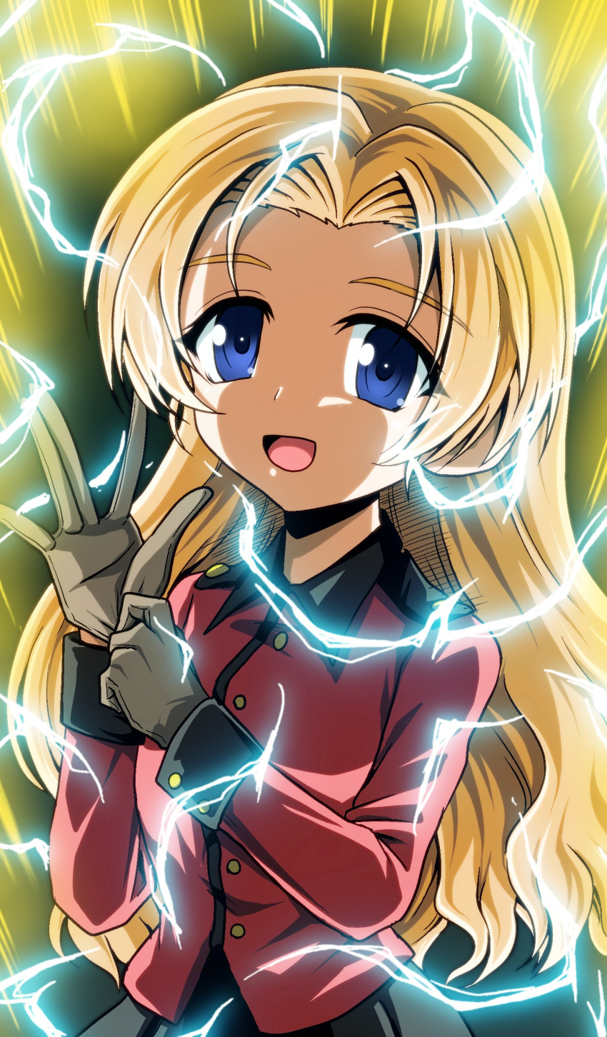 1girl absurdres adjusting_clothes adjusting_gloves alternate_hairstyle aura black_gloves black_skirt blue_eyes commentary dragon_ball dragon_ball_z electricity epaulettes eyebrows_visible_through_hair girls_und_panzer gloves hair_down highres jacket kamishima_kanon long_hair long_sleeves looking_at_viewer military military_uniform open_mouth orange_hair orange_pekoe_(girls_und_panzer) pleated_skirt red_jacket skirt smile solo st._gloriana's_military_uniform standing super_saiyan super_saiyan_2 uniform