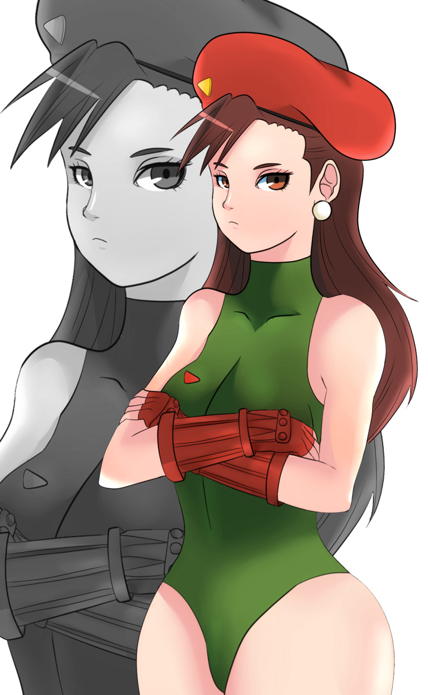 1girl alternate_costume alternate_hairstyle bangs bare_arms bare_legs bare_shoulders beret breasts brown_eyes brown_hair cammy_white cammy_white_(cosplay) capcom chelo-stracks chelostracks chun-li commentary_request cosplay crossed_arms earrings gauntlets gloves green_leotard greyscale hat highres image_background jewelry leotard long_hair looking_at_viewer monochrome red_gloves serious simple_background sleeveless solo street_fighter thick_thighs thighs thong thong_leotard white_background