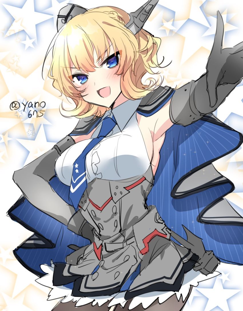 1girl black_gloves black_legwear blonde_hair blue_eyes blue_neckwear breasts capelet colorado_(kantai_collection) commentary_request cowboy_shot dress elbow_gloves garrison_cap gloves grey_dress grey_headwear hat headgear highres kantai_collection large_breasts looking_at_viewer necktie pantyhose pleated_dress shirt short_hair side_braids sideboob sleeveless solo starry_background twitter_username white_shirt yano_tanimachi