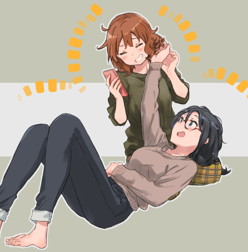 2girls amano_shin bangs barefoot black_hair blue_eyes blue_pants blush brown_hair brown_sweater closed_eyes denim glasses green_shirt hand_in_another's_hair hand_up hands_up hibike!_euphonium highres holding holding_phone jeans long_hair long_sleeves looking_at_another lying multiple_girls on_back open_mouth oumae_kumiko pants parted_lips phone red-framed_eyewear shirt short_hair sitting smile sweater tanaka_asuka