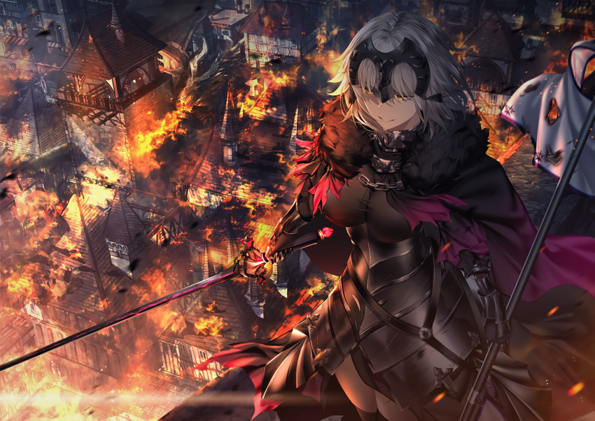 1girl ahoge armor armored_dress bangs banner black_armor black_cape black_dress black_legwear breasts building burning cape chain city commentary_request destruction dragon dress fate/grand_order fate_(series) fire fur-trimmed_cape fur_collar fur_trim gauntlets gloves hair_between_eyes headpiece holding holding_sword holding_weapon jeanne_d'arc_(alter)_(fate) jeanne_d'arc_(fate)_(all) junpaku_karen large_breasts long_sleeves outdoors parted_lips short_hair silver_hair smile smoke solo standing sword thigh-highs weapon yellow_eyes