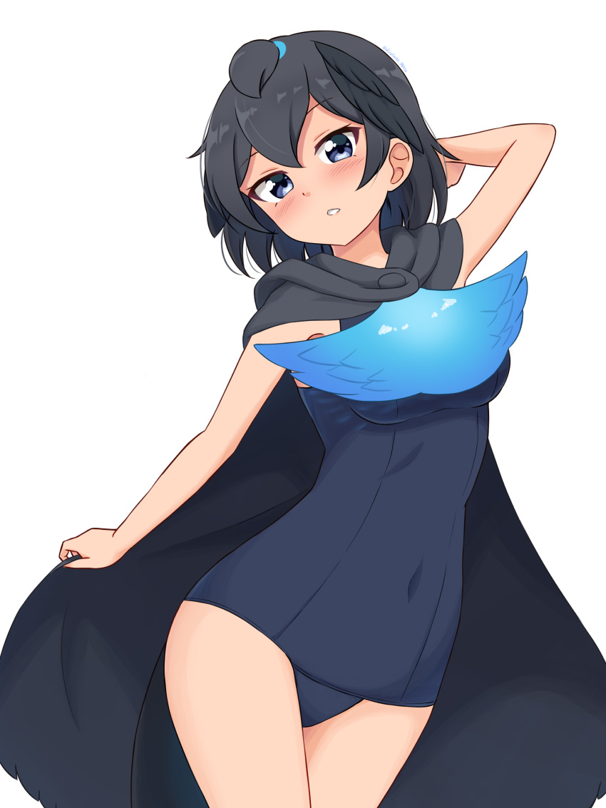 1girl absurdres adapted_costume bare_arms bare_legs bird_girl bird_tail bird_wings black_cape black_hair blue_eyes blue_neckwear blue_swimsuit blush cape commentary cowboy_shot eyebrows_visible_through_hair greater_lophorina_(kemono_friends) head_wings highres kemono_friends one-piece_swimsuit school_swimsuit shiraha_maru short_hair simple_background smile solo swimsuit white_background wings