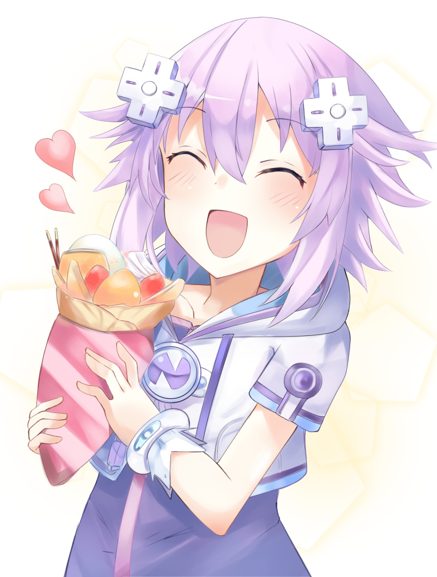 1girl armlet bangs bimmy blush closed_eyes commentary crepe d-pad d-pad_hair_ornament dress english_commentary eyebrows_visible_through_hair food hair_between_eyes hair_ornament heart highres holding holding_food hood hoodie neptune_(neptune_series) neptune_(series) open_mouth purple_dress purple_hair short_hair short_sleeves sidelocks simple_background solo white_background white_hoodie