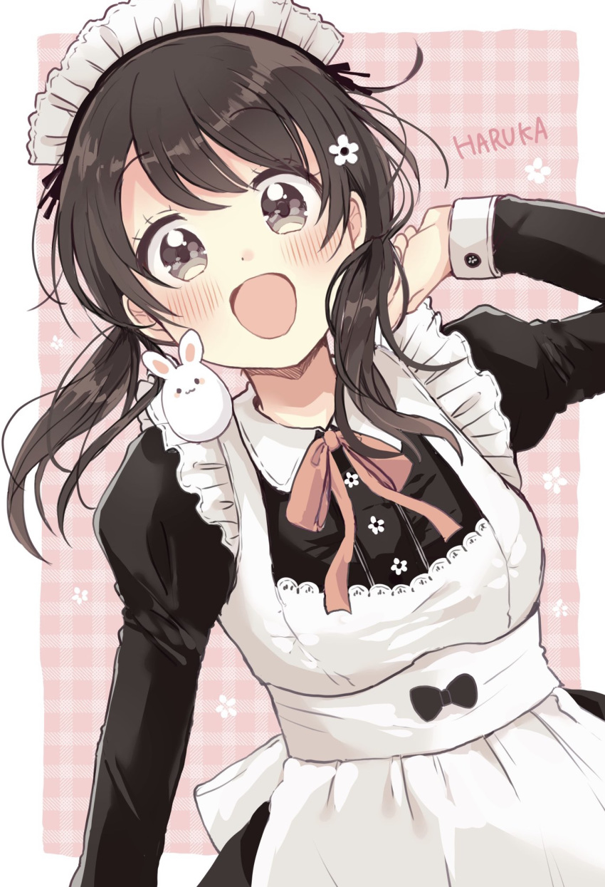 1girl :d animal animal_on_shoulder apron bangs black_dress black_hair blush bow breasts brown_eyes collared_dress commentary_request dress eyebrows_visible_through_hair frilled_apron frills hand_up highres juliet_sleeves long_hair long_sleeves low_twintails maid maid_apron maid_headdress open_mouth original pink_background plaid plaid_background puffy_sleeves rabbit red_bow sakura_oriko small_breasts smile solo twintails two-tone_background upper_body white_apron white_background