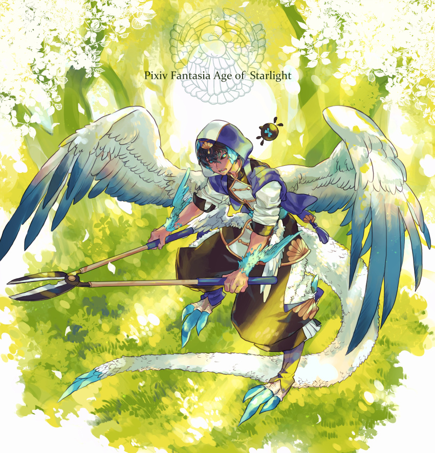 1boy black_hair black_sclera blue_eyes blue_hair copyright_name dark_skin dark_skinned_male feathered_wings full_body gar_(pixiv_fantasia_age_of_starlight) grass hair_ornament hedge_clippers highres hood looking_at_viewer mirion multicolored_hair pixiv_fantasia pixiv_fantasia_age_of_starlight sharp_teeth short_sleeves solo tail talons teeth two-tone_hair wings