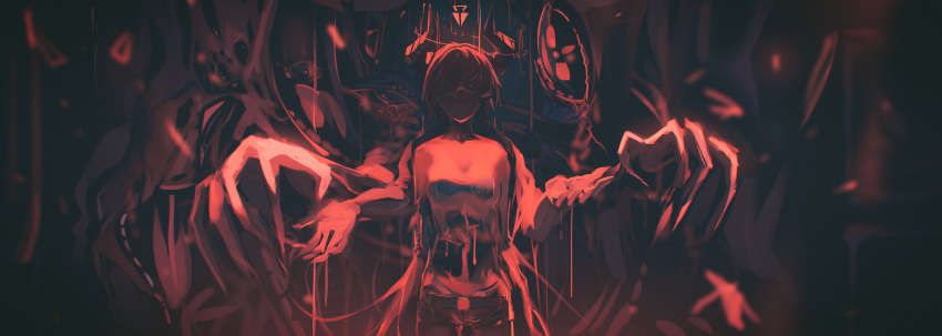 1girl absurdres belt blurry collarbone dripping ehrrr eldritch_abomination extra_eyes eyes glowing glowing_eyes halo highres horns monster open_mouth original red_eyes red_theme solo teeth tongue