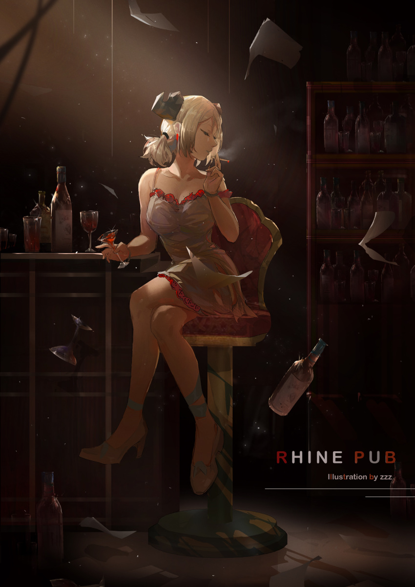 1girl absurdres ankle_ribbon arknights artist_name bar bar_stool bare_shoulders blonde_hair blue_ribbon bottle breasts chair cigarette closed_eyes cocktail_glass commentary_request crossed_legs cup dress drinking_glass dust dust_particles english_text high_heels highres holding holding_cigarette holding_cup horns ifrit_(arknights) indoors light_rays liquor looking_away medium_breasts paper ribbon short_hair sitting smoking solo stool sunbeam sunlight white_dress white_legwear wine_bottle zzz_(orchid-dale)