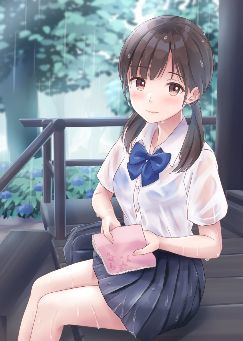 1girl bag bangs black_skirt blue_bow blue_bra blush bow bra bra_through_clothes breasts brown_eyes brown_hair closed_mouth commentary_request day eyebrows_visible_through_hair highres holding long_hair looking_at_viewer low_twintails original outdoors pleated_skirt rain school_bag school_uniform see-through shirt short_sleeves sitting skirt small_breasts smile tree twintails underwear wet wet_clothes wet_hair wet_shirt wet_skirt yukimaru217