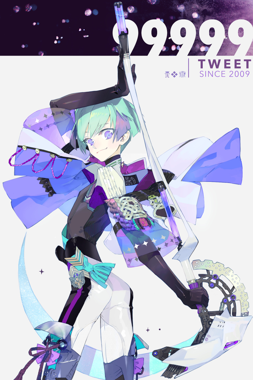 1girl androgynous aqua_hair ass black_gloves elbow_gloves flat_chest gloves high_collar highres holding holding_scythe holding_weapon looking_at_viewer multicolored_hair nishihara_isao original purple_hair scythe see-through shadow shiny shiny_clothes short_hair skin_tight smile solo two-tone_hair violet_eyes weapon