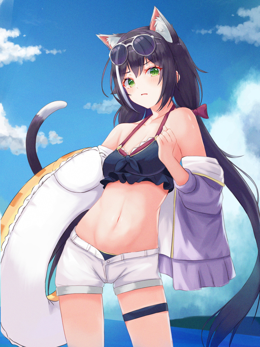 1girl absurdres animal_ear_fluff animal_ears bangs bare_shoulders bikini bikini_under_clothes black_bikini black_hair blue_sky blush bow breasts cat_ears cat_girl cat_tail clouds cloudy_sky collarbone commentary_request day eyebrows_visible_through_hair eyewear_on_head green_eyes hair_between_eyes hair_bow highres holding holding_innertube innertube jacket kano_(wi3028) karyl_(princess_connect!) long_hair looking_at_viewer low_twintails medium_breasts multicolored_hair navel ocean off_shoulder open_clothes open_fly open_jacket open_mouth outdoors parted_lips princess_connect! princess_connect!_re:dive purple_jacket short_shorts shorts sky solo streaked_hair sunglasses swimsuit tail twintails very_long_hair white_hair white_shorts