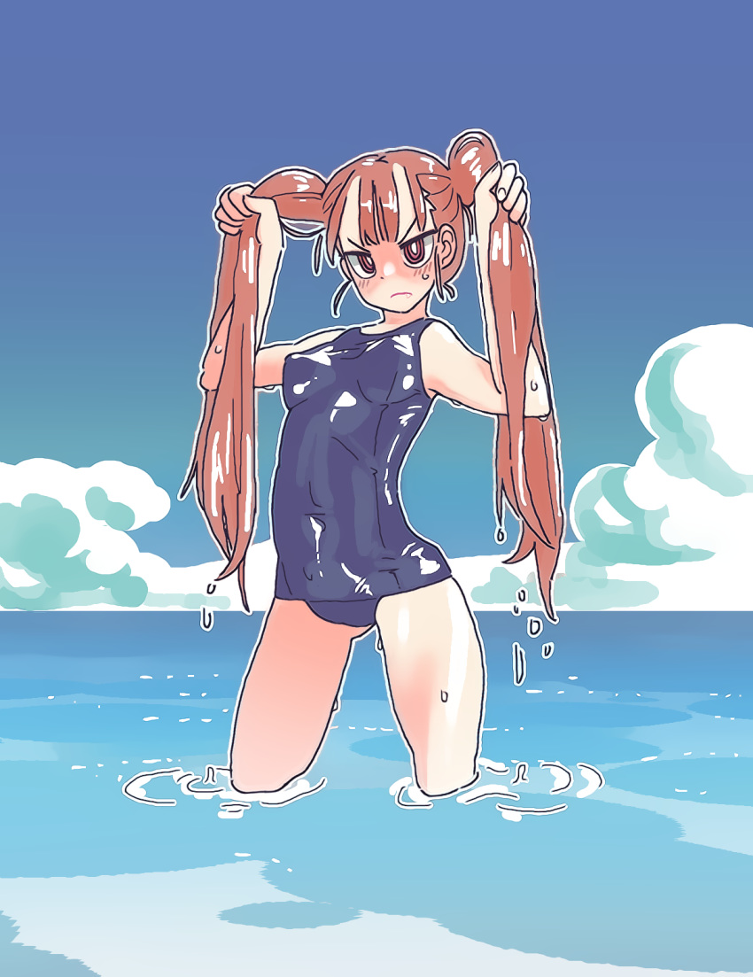 1girl arms_up beach blue_sky blush brown_hair closed_mouth clouds covered_navel covered_nipples dripping fang fingernails gomaeng highres outdoors partially_submerged pink_eyes shiny shiny_skin sky solo standing swimsuit twintails ueno-san_wa_bukiyou ueno_(ueno-san_wa_bukiyou) water wet