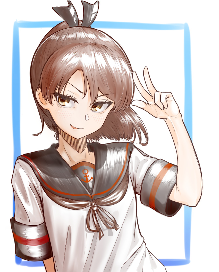 1girl anchor_symbol black_sailor_collar blush brown_eyes brown_hair eyebrows_visible_through_hair highres kantai_collection ohazuke ponytail remodel_(kantai_collection) sailor_collar school_uniform serafuku shikinami_(kantai_collection) short_hair short_sleeves smug solo upper_body