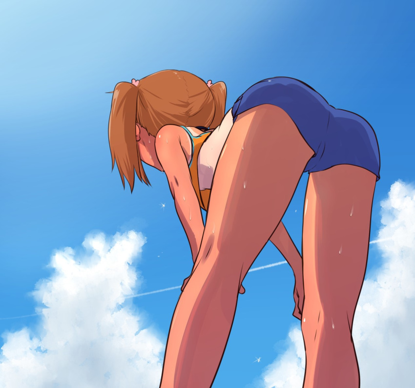 1girl ass bent_over blue_eyes blue_sky breasts brown_hair clouds coffee-milk-moumou dark_skin looking_at_viewer one-piece_tan original outdoors sky sweat tan tanline twintails under_boob yuma_(coffee-milk-moumou)