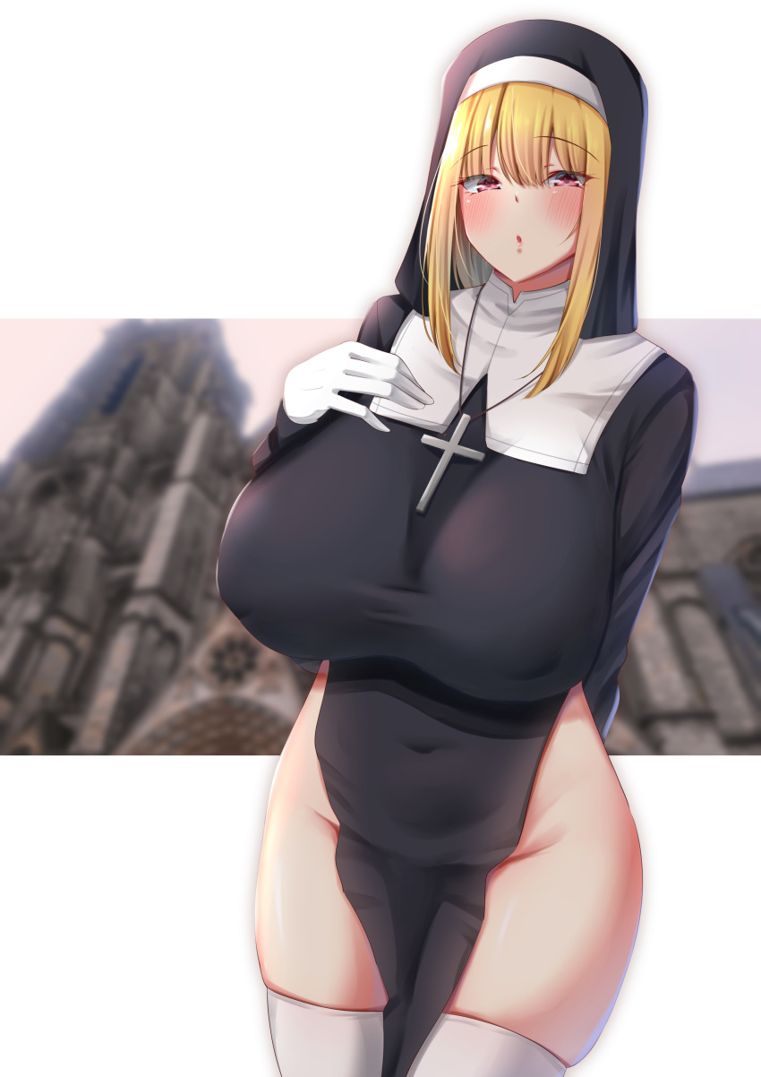 1girl :o absurdres bangs black_dress blonde_hair blush breasts brown_eyes church covered_nipples cowboy_shot cross cross_necklace dress eyebrows_visible_through_hair gloves hair_between_eyes hand_on_own_chest highres huge_breasts jewelry latin_cross long_hair nanohana_linestamp necklace nun open_mouth original pelvic_curtain robe sidelocks thighs white_gloves white_legwear