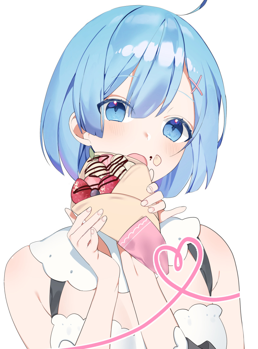 1girl :o absurdres bangs bare_shoulders blue_eyes blue_hair blush breasts commentary eyebrows_visible_through_hair food fruit hair_ornament hair_over_one_eye heart highres holding holding_food looking_at_viewer myao_(o3o333) re:zero_kara_hajimeru_isekai_seikatsu rem_(re:zero) short_hair simple_background solo strawberry upper_body white_background x_hair_ornament