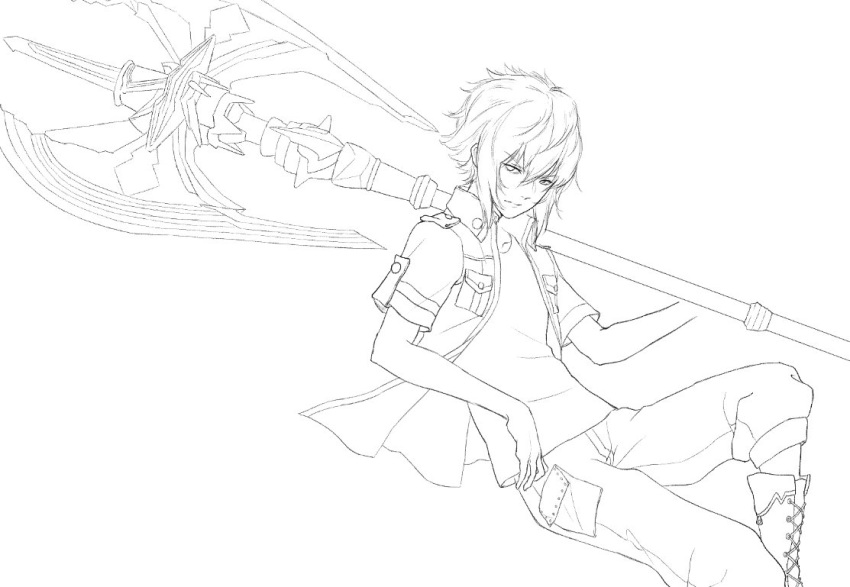 1boy axe boots closed_mouth collarbone eyebrows_visible_through_hair final_fantasy final_fantasy_xv greyscale hair_between_eyes holding holding_axe holding_weapon male_focus monochrome neko_sheep noctis_lucis_caelum over_shoulder simple_background sketch solo weapon weapon_over_shoulder white_background