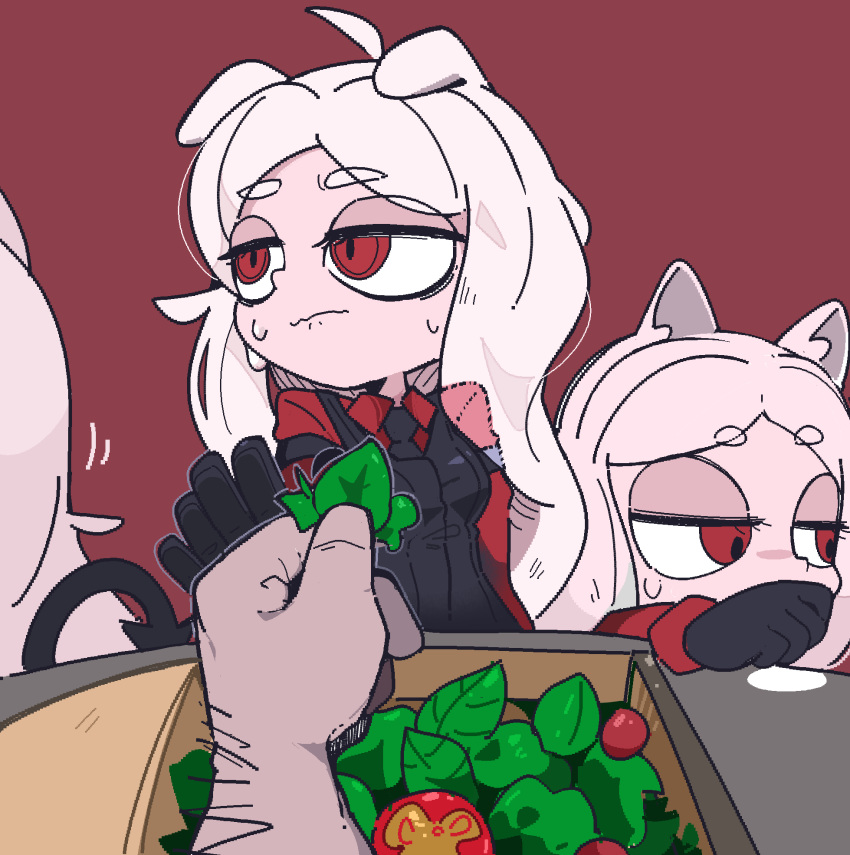 3girls animal_ears black_gloves black_vest cerberus_(helltaker) collared_shirt demon_girl dog_ears dog_girl emphasis_lines eyebrows_visible_through_hair food gloves helltaker highres leaving lettuce multiple_girls salad shirt sweatdrop tail tkddud632 tomato triplets vegetable vest