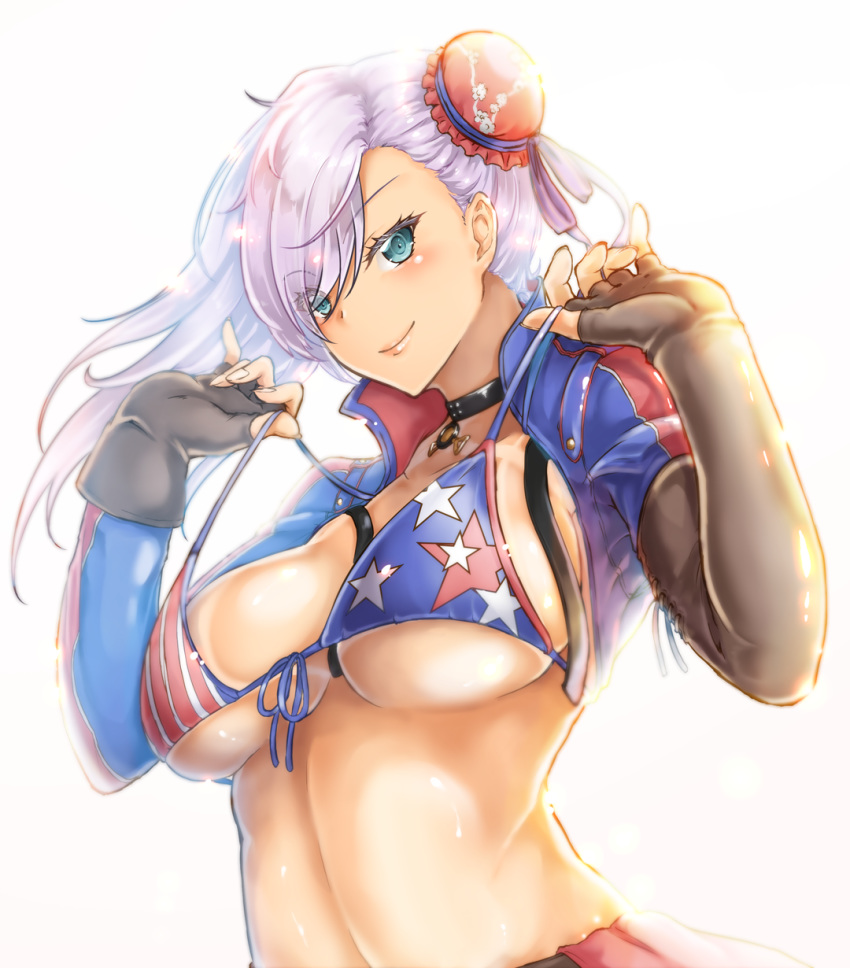 1girl american_flag_bikini asymmetrical_gloves asymmetrical_hair bangs belt beltskirt bikini breasts bun_cover choker collarbone elbow_gloves fate/grand_order fate_(series) fingerless_gloves flag_print front-tie_bikini front-tie_top gloves green_eyes grey_hair hair_bun highres jewelry large_breasts long_hair looking_at_viewer miyamoto_musashi_(fate/grand_order) miyamoto_musashi_(swimsuit_berserker)_(fate) pendant pink_hair renkon_(s36tereste) shrug_(clothing) sideboob simple_background single_elbow_glove smile solo strap_lift swept_bangs swimsuit tan tanline under_boob white_background