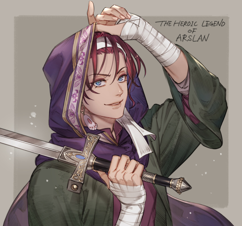 1boy adjusting_headwear akakokko_(niro_azarashi) arm_up arslan_senki bandaged_arm bandages blue_eyes brown_background character_name coat earrings english_text fingernails gieve hair_between_eyes hair_strand hand_on_headwear hand_up headband holding holding_sword holding_weapon hood hood_up jewelry long_sleeves looking_at_viewer male_focus open_clothes open_coat parted_lips paws redhead smile solo sword upper_body weapon