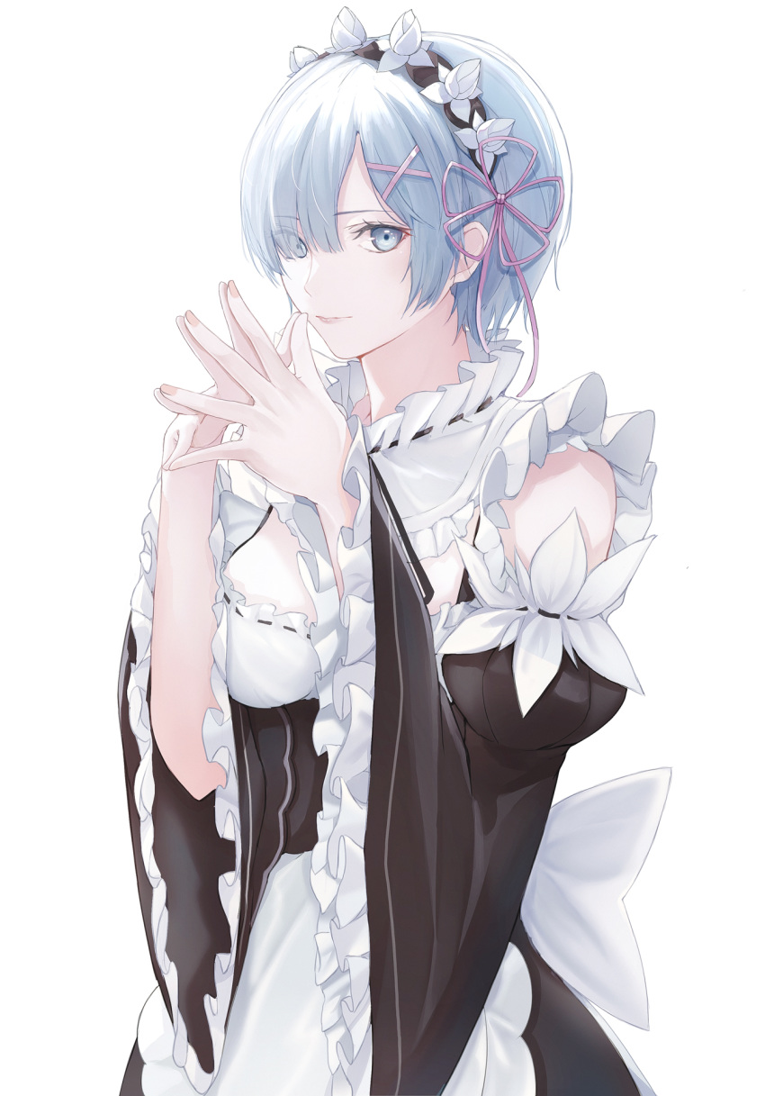 1girl bangs blue_eyes blue_hair breasts closed_mouth commentary_request dress eyebrows_visible_through_hair fingernails frills hair_ornament hair_over_one_eye hairband hands_together highres lips looking_at_viewer maid maid_dress marumoru medium_breasts re:zero_kara_hajimeru_isekai_seikatsu rem_(re:zero) short_hair simple_background solo upper_body white_background wide_sleeves x_hair_ornament