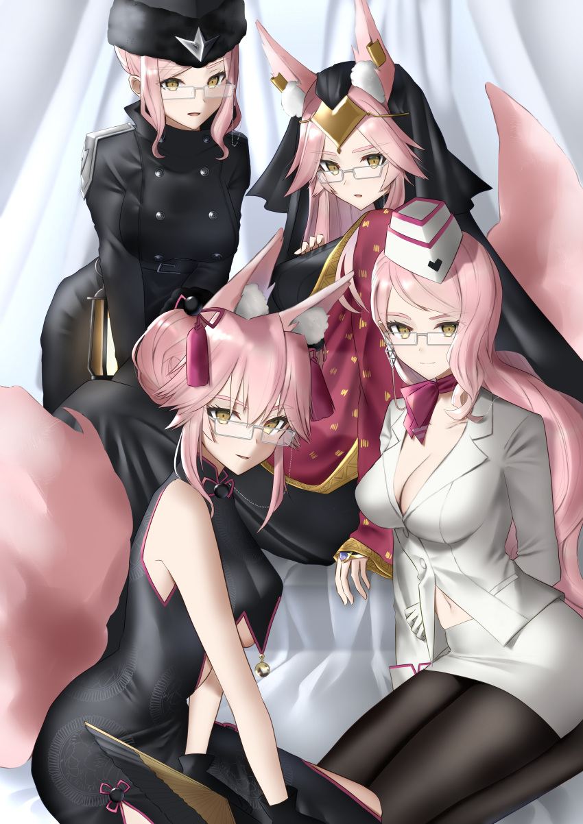 4girls absurdres animal_ear_fluff animal_ears bangs bare_shoulders bell black_dress black_headwear black_jacket black_legwear blush breasts buttons center_opening china_dress chinese_clothes circle circlet closed_mouth double_bun dress ear_piercing fate/grand_order fate_(series) faton fox_ears fox_girl fox_tail garrison_cap glasses grey-framed_eyewear hair_between_eyes hat highres indian_clothes jacket jingle_bell koyanskaya lantern large_breasts long_hair looking_at_viewer multiple_girls multiple_persona navel open_mouth pantyhose parted_lips pencil_skirt piercing pink_hair pink_scarf scarf shawl sitting skirt smile tail tassel thighs veil white_headwear white_jacket white_skirt yellow_eyes