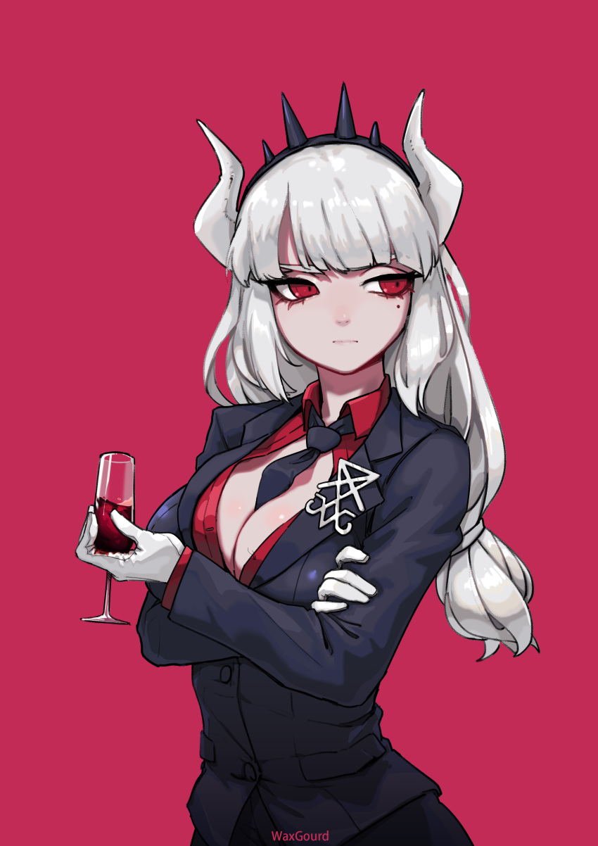 1girl absurdres artist_name bangs between_breasts black_neckwear black_pants breasts commentary_request cup demon_girl demon_horns demon_tail drinking_glass frown gloves helltaker highres holding horns large_breasts long_hair looking_to_the_side lucifer_(helltaker) mole mole_under_eye necktie necktie_between_breasts pants red_background red_eyes red_shirt shirt simple_background solo tail waxgroud white_hair white_horns wine_glass