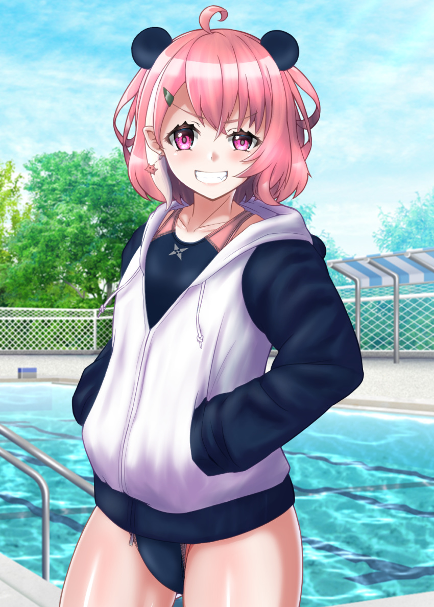 1girl ahoge animal_ears animal_hood bangs black_swimsuit blue_sky chain-link_fence clouds commentary_request competition_swimsuit cowboy_shot day fence grin hair_ornament hairclip hands_in_pockets highres hood hooded_jacket hoodie jacket nijisanji one-piece_swimsuit outdoors panda_ears panda_hood pink_eyes pink_hair pointy_ears pool poolside sasaki_saku short_hair sky smile solo standing swimsuit swimsuit_under_clothes tree two-tone_jacket virtual_youtuber yurinozuku1112 zipper zipper_pull_tab