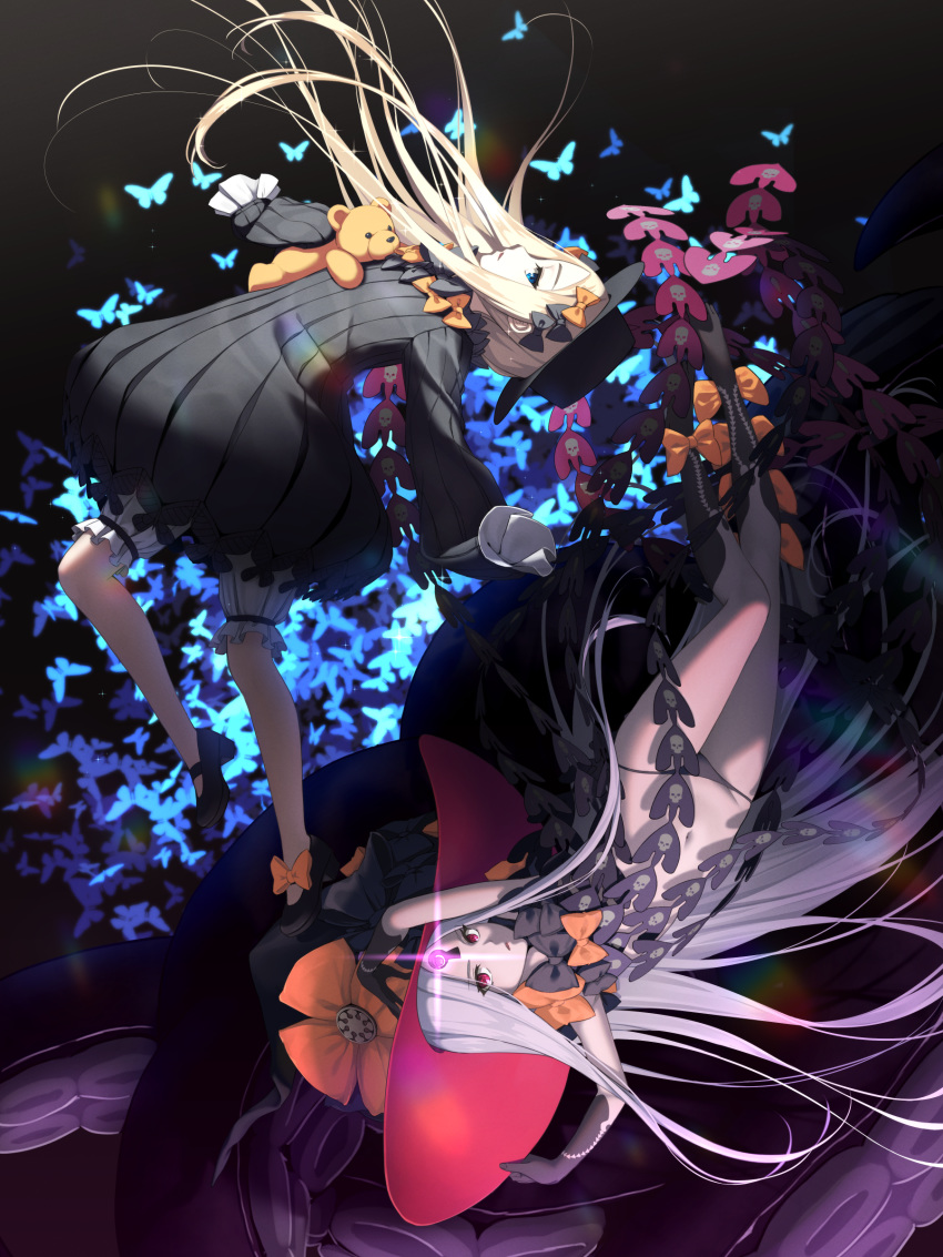 abigail_williams_(fate/grand_order) absurdres bangs bare_shoulders black_bow black_dress black_headwear black_panties blonde_hair blue_eyes bow breasts dress fate/grand_order fate_(series) forehead glowing glowing_eye hair_bow hat highres key keyhole long_hair multiple_bows navel nyan_c orange_bow panties red_eyes ribbed_dress sleeves_past_fingers sleeves_past_wrists small_breasts smile staff stuffed_animal stuffed_toy teddy_bear third_eye underwear white_bloomers white_hair white_skin witch_hat