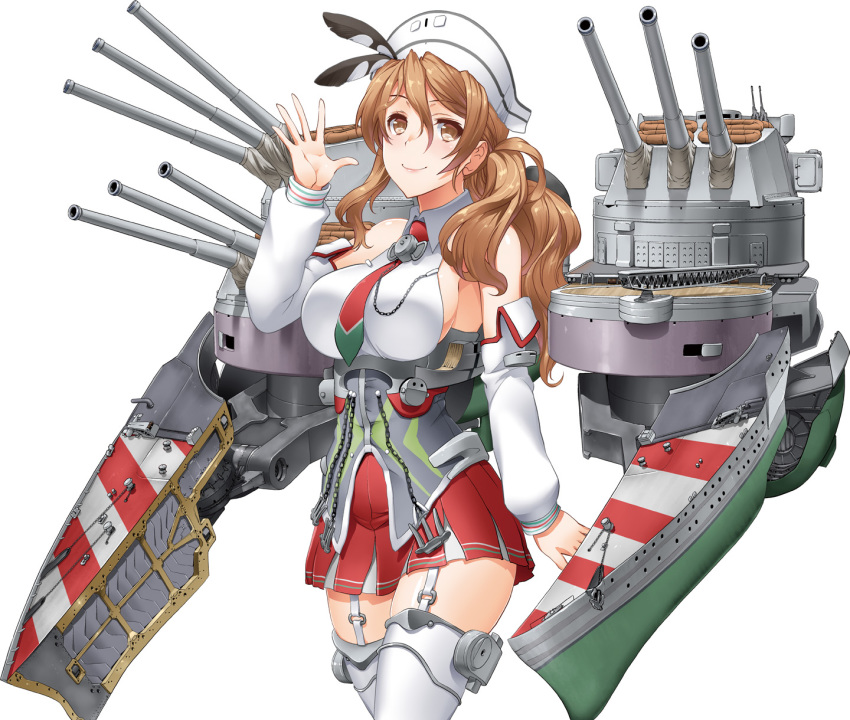1girl aa_gun anchor armor brown_eyes brown_hair byeontae_jagga cannon detached_sleeves eyebrows_visible_through_hair garter_straps graphite_(medium) headdress highres kantai_collection littorio_(kantai_collection) long_hair machinery mechanical_pencil necktie open_mouth pencil pleated_skirt ponytail rigging shirt simple_background skirt sleeveless sleeveless_shirt smile smokestack thigh-highs traditional_media turret wavy_hair white_background white_legwear