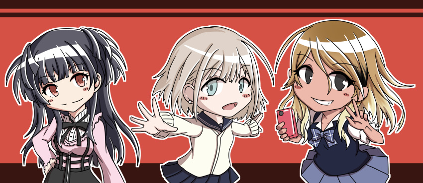 3girls :d absurdres bangs black_eyes black_hair blonde_hair blouse blue_eyes blunt_bangs blush bow bowtie brown_eyes brown_hair cellphone chibi closed_mouth collared_shirt earrings frilled_blouse gradient_hair gyaru hand_on_hip highres idolmaster idolmaster_shiny_colors izumi_mei jewelry long_hair loose_bowtie mayuzumi_fuyuko multicolored_hair multiple_girls open_mouth outstretched_arms phone red_background ribbon sailor_collar serizawa_asahi shirt silver_hair simple_background skirt smile straylight_(idolmaster) suspender_skirt suspenders sweater sweater_vest tamu_shigeki tan two_side_up v