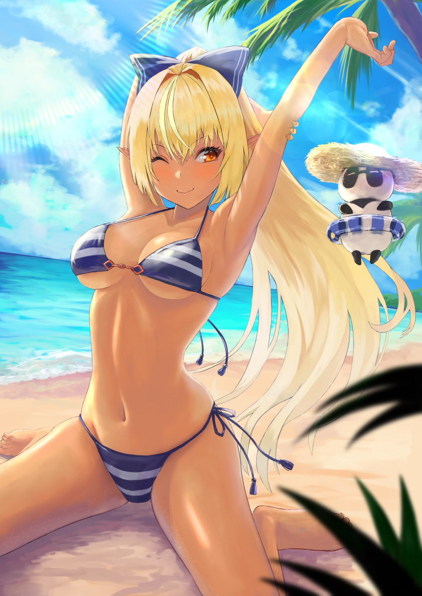 ;) absurdres alternate_costume animal_costume armpits arms_up beach bikini blonde_hair breasts collarbone dark_skin groin hair_ornament halterneck hat highres hololive kintsuba_(flare_channel) lens_flare long_hair long_ponytail navel ocean one_eye_closed orange_eyes outdoors panda_costume pointy_ears sand shiranui_flare smile string_bikini striped striped_bikini sun_hat sunlight swimsuit tachibana_yuu_(shika) tree virtual_youtuber