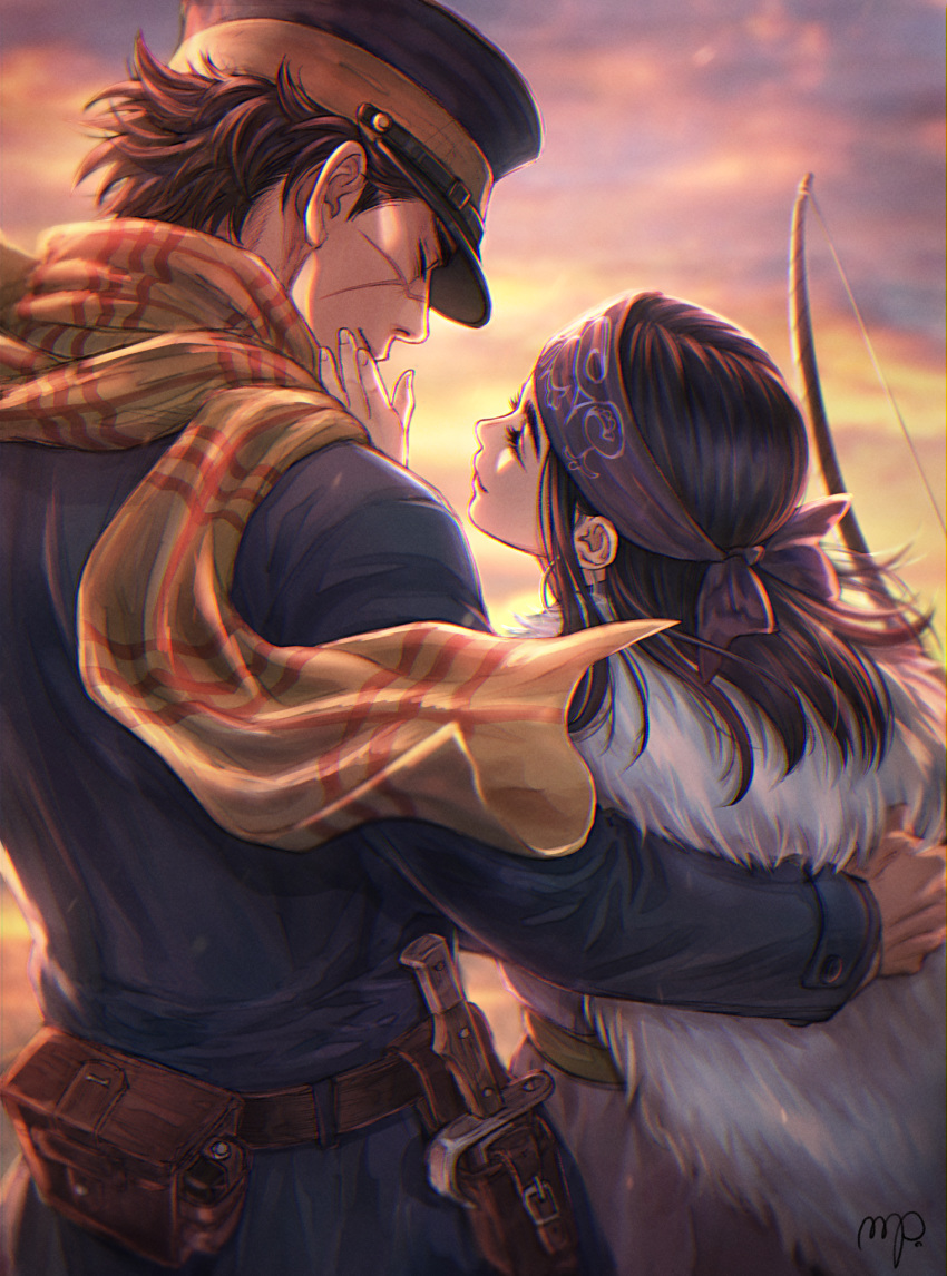 1boy 1girl ainu_clothes asirpa bandana belt belt_pouch black_hair blue_coat blue_headwear blue_pants bow_(weapon) cape closed_eyes closed_mouth clouds cloudy_sky coat commentary cowboy_shot dawn earrings eyelashes facial_scar fur_cape golden_kamuy hand_on_another's_face hat highres holding holding_bow_(weapon) holding_weapon holster hoop_earrings hug jewelry knife lips long_hair looking_at_another military military_hat military_uniform mprichin orange_sky outdoors pants pouch scar scarf short_hair side-by-side signature sky smile sugimoto_saichi uniform weapon yellow_scarf