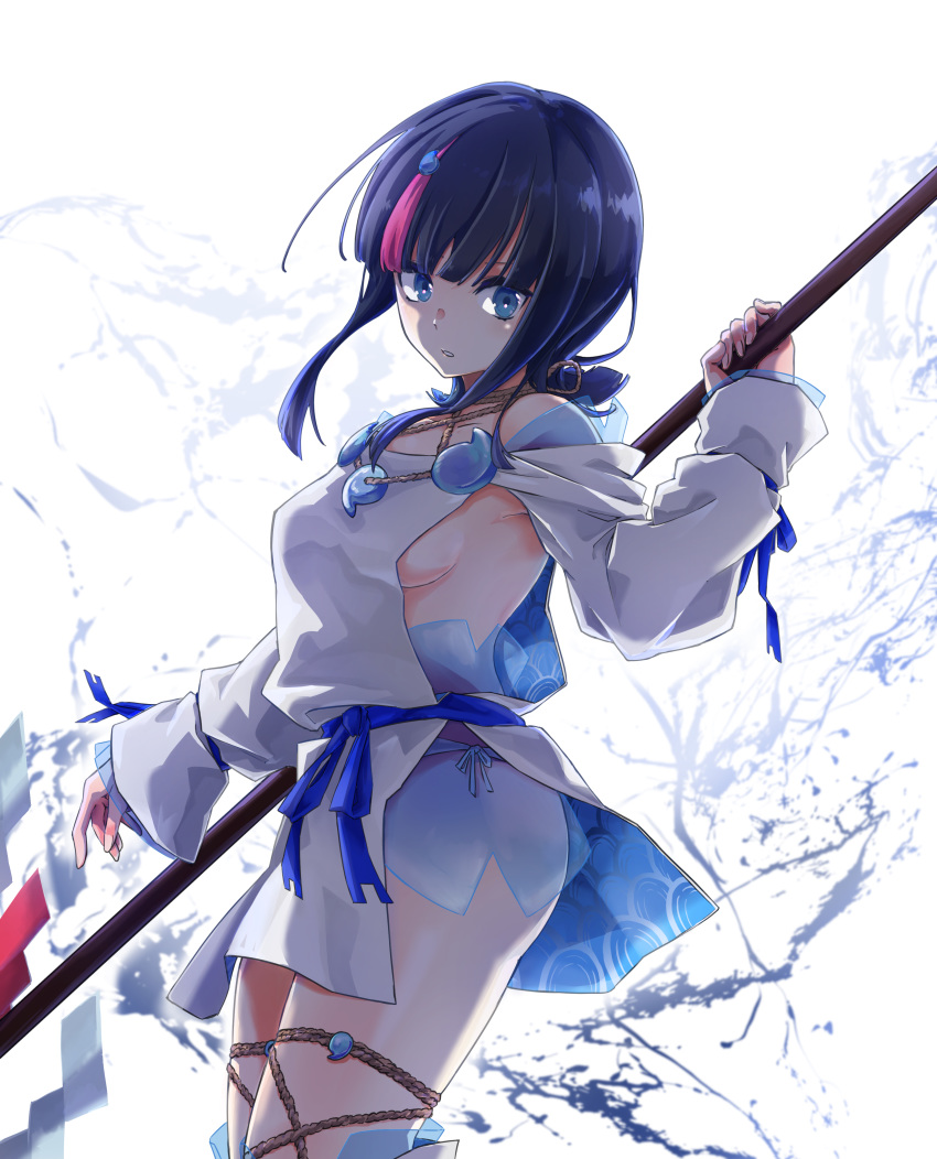 1girl absurdres backlighting bangs bare_shoulders black_hair blue_eyes blue_ribbon breasts collarbone dress eye: fate/grand_order fate/requiem fate_(series) highres jewelry long_sleeves looking_at_viewer magatama magatama_hair_ornament medium_breasts medium_hair multicolored_hair necklace parted_lips pelvic_curtain pink_hair polearm puffy_long_sleeves puffy_sleeves ribbon short_dress sideboob sideless_outfit spear streaked_hair thighs utsumi_erise water weapon white_background white_dress