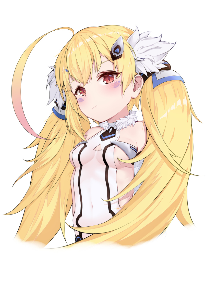 1girl :t absurdres ahoge azur_lane bangs bare_shoulders blonde_hair blush breasts closed_mouth commentary_request cropped_torso dress eldridge_(azur_lane) eyebrows_visible_through_hair facial_mark hair_ornament hairclip highres long_hair ponta_(velmar) pout red_eyes simple_background sleeveless sleeveless_dress small_breasts solo twintails upper_body very_long_hair white_background white_dress