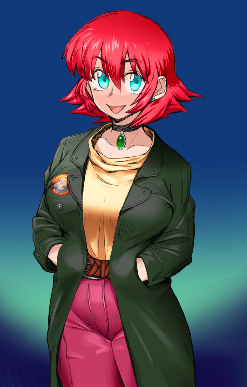 1girl absurdres belt blue_background blue_earrings blue_eyes breasts casual choker coat commentary_request eyebrows_visible_through_hair gem gradient gradient_background green_coat hands_in_hair highres large_breasts long_coat looking_at_viewer n1rv_ann-a open_mouth pants patch pink_pants redhead sam_(n1rv_ann-a) samutora_mike short_hair smile solo turtleneck