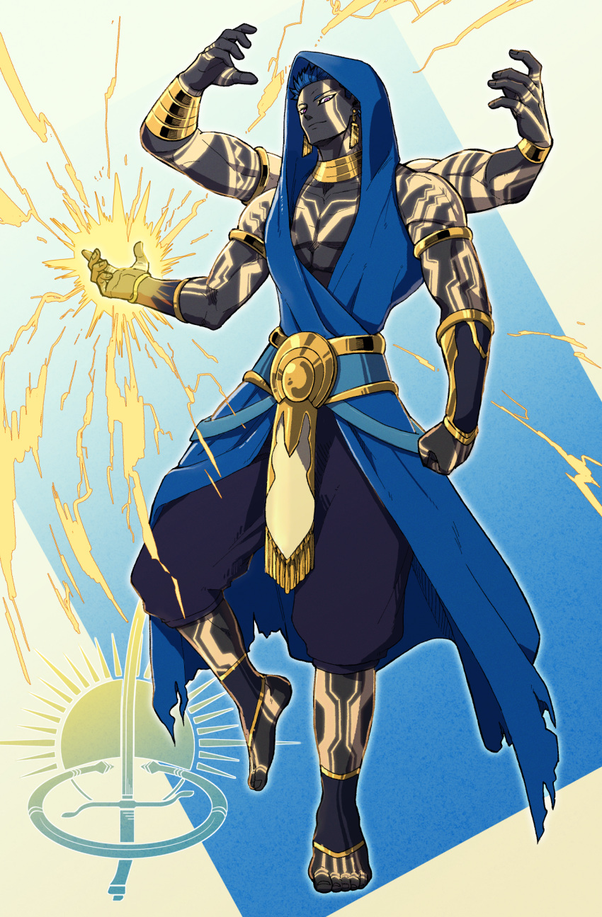 1boy armlet barefoot black_skin blazbluefairy blue_hair clenched_hand dark_skin dark_skinned_male earrings extra_arms full_body highres hood jewelry magic male_focus pixiv_fantasia pixiv_fantasia_age_of_starlight solo standing standing_on_one_leg tattoo