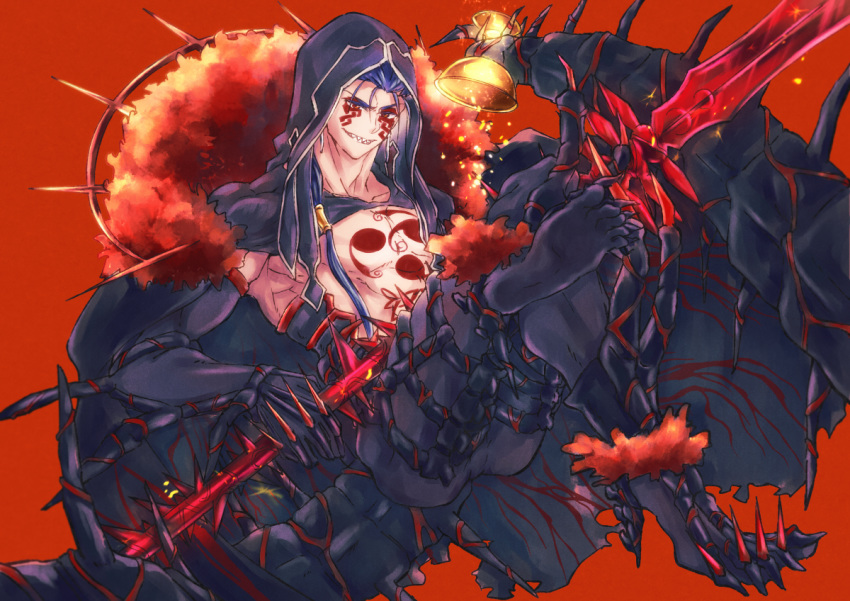 1boy bare_chest black_bodysuit black_cape black_gloves blue_hair bodysuit cape chest_tattoo cu_chulainn_(fate)_(all) cu_chulainn_alter_(fate/grand_order) elbow_gloves facepaint facial_mark fate/grand_order fate_(series) full_body gae_bolg gloves grin hair_over_shoulder hair_strand holding holding_spear holding_weapon holy_grail_(fate) hood long_hair male_focus monster_boy muscle polearm red_background red_eyes shiori_(coppe10119) simple_background sitting smile solo spear spikes tail tail_hold tattoo weapon