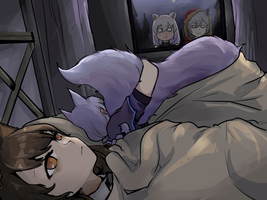 4girls 500_dollar_four_foot_tall_mareep :3 :t animal_ears arknights bags_under_eyes bed bed_sheet blanket braid brown_eyes brown_hair cat_ears commentary eyes highres hood indoors large_tail long_tail lying meme mouse_ears multiple_girls o_o on_back pout projekt_red_(arknights) provence_(arknights) purple_hair scavenger_(arknights) silver_hair single_braid skyfire_(arknights) sleeping tail tail_hug under_covers vyragami window wolf_ears wolf_tail